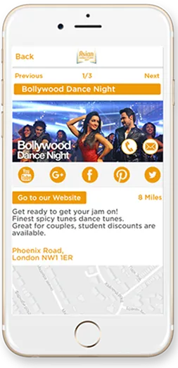 Asian Directory app displayed on the phone